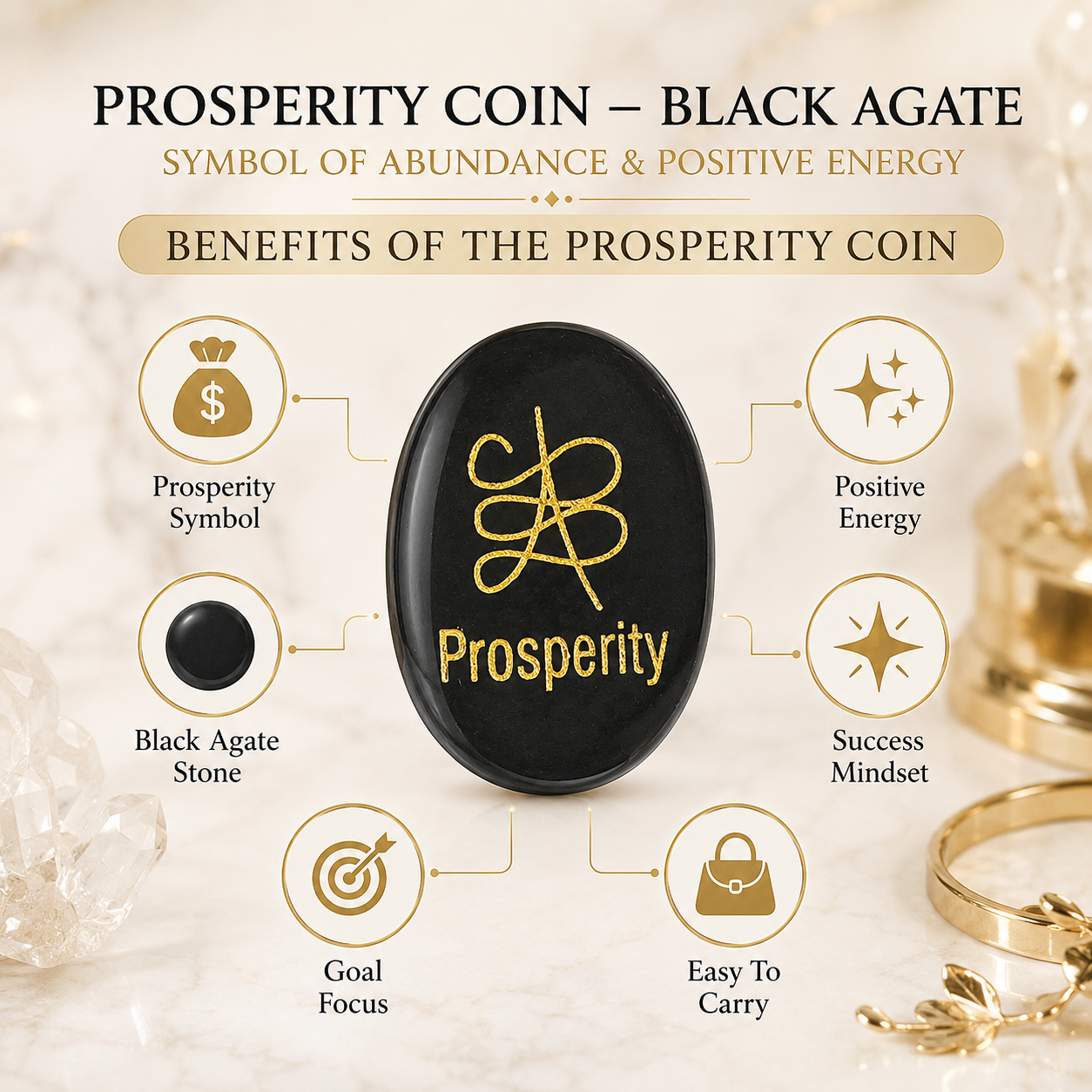 Natural Black Agate Prosperity Coin | Engraved Abundance Symbol Pocket Stone | Positive Energy Crystal Coin