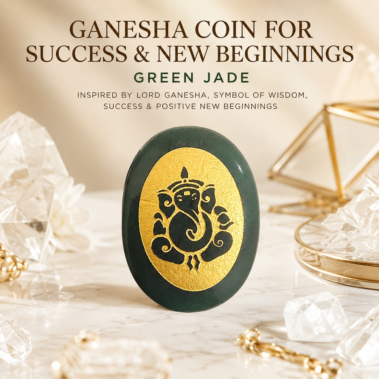 Natural Green Jade Ganesha Coin | Success & New Beginnings Pocket Stone | Lord Ganesha Engraved Crystal Coin