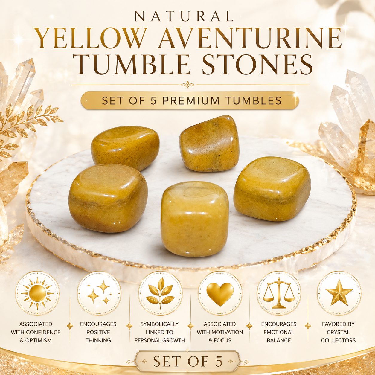 Natural Yellow Aventurine Tumble Stones | Set of 5 Premium Yellow Aventurine Crystal Tumbled Stones | Confidence, Positivity & Personal Growth Healing Crystals