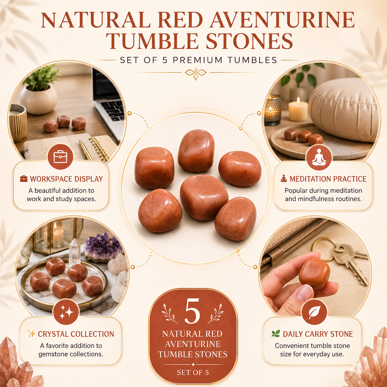 Natural Red Aventurine Tumble Stones | Set of 5 Premium Red Aventurine Crystal Tumbled Stones | Motivation, Confidence & Vitality Healing Crystals