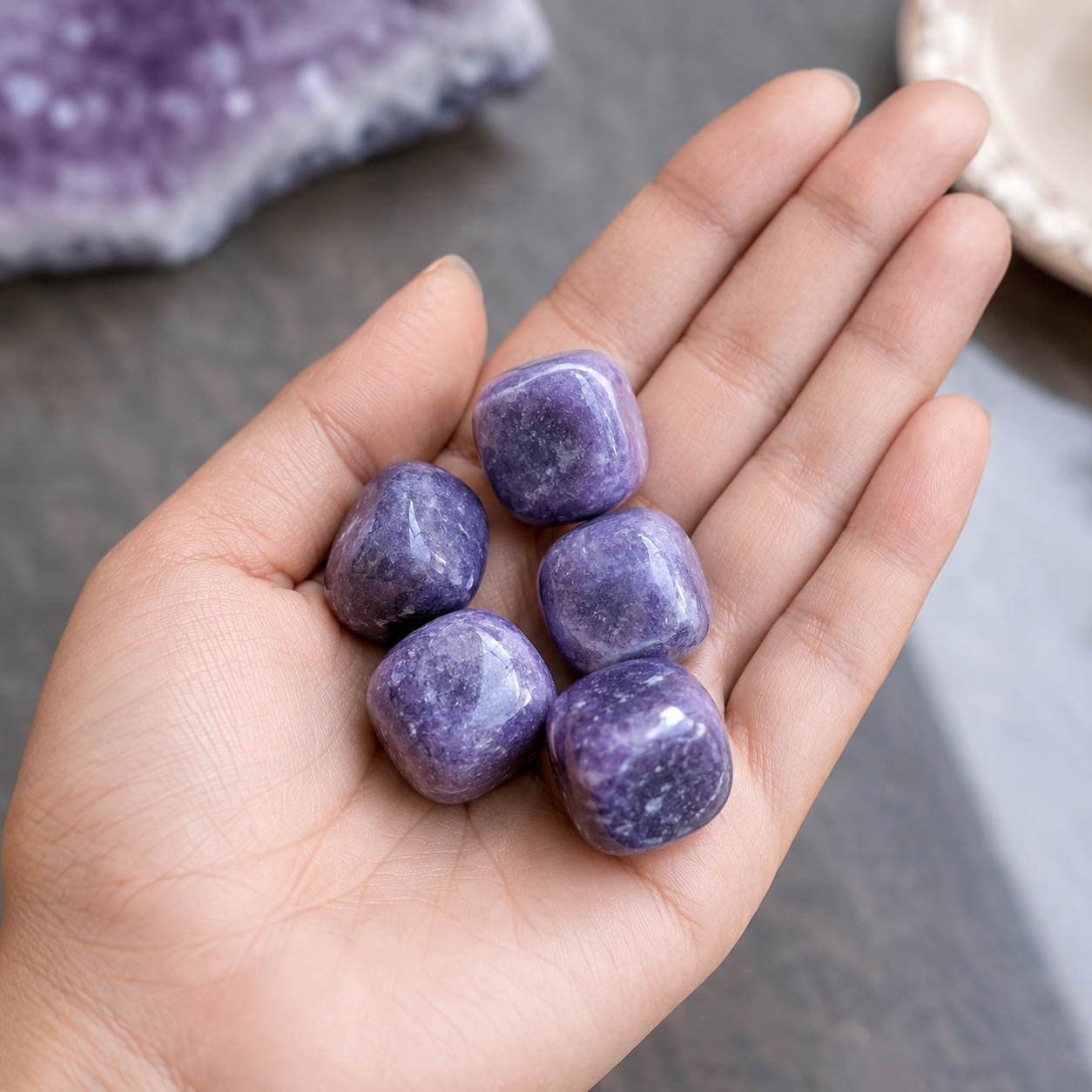 Natural Lepidolite Tumble Stones | Set of 5 Premium Lepidolite Crystal Tumbled Stones | Calmness, Emotional Balance & Meditation Healing Crystals