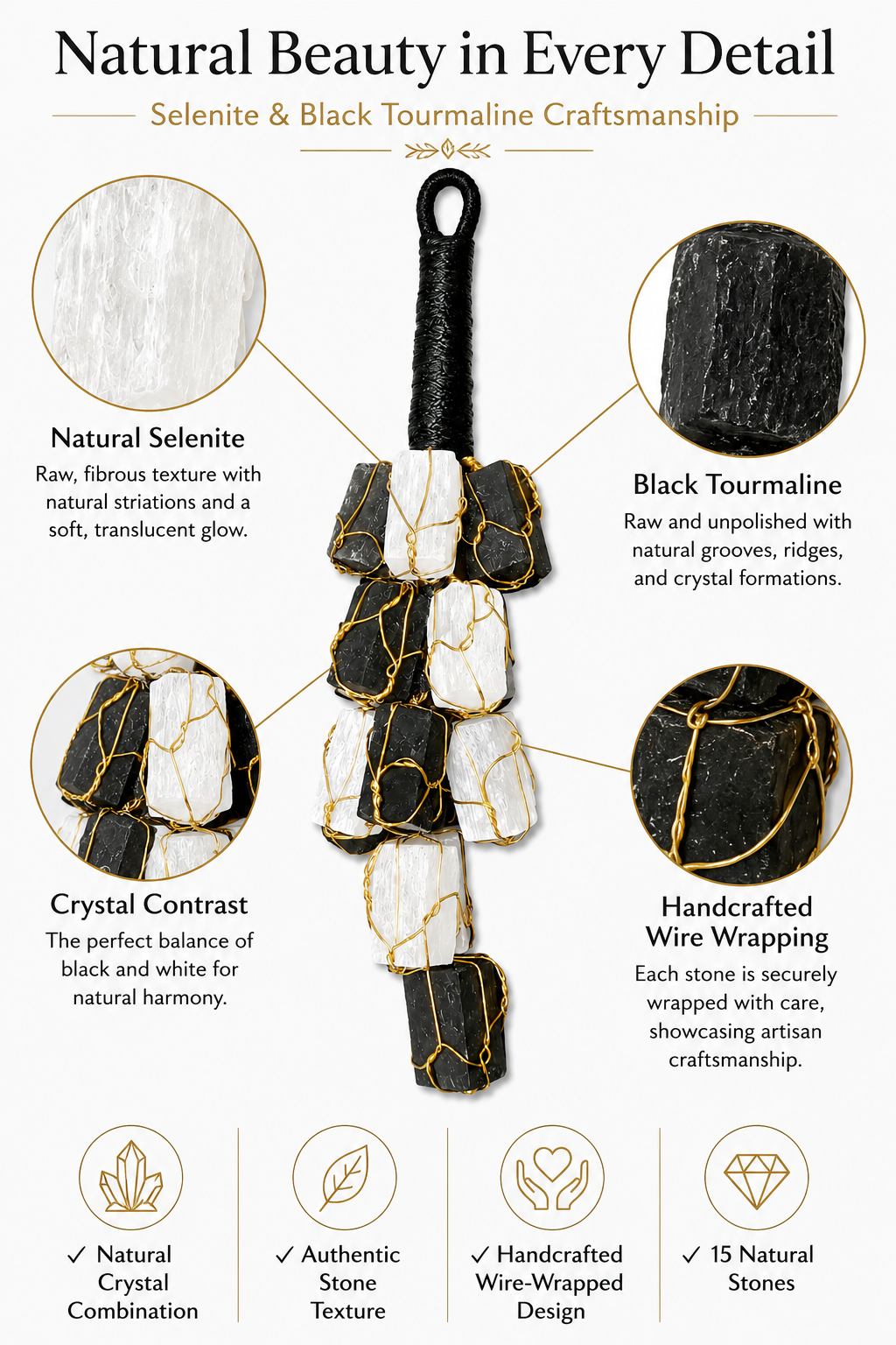 Selenite & Black Tourmaline Hanging Decor | Natural Crystal Protection Hanging | 15 Stones | Home & Office Decor