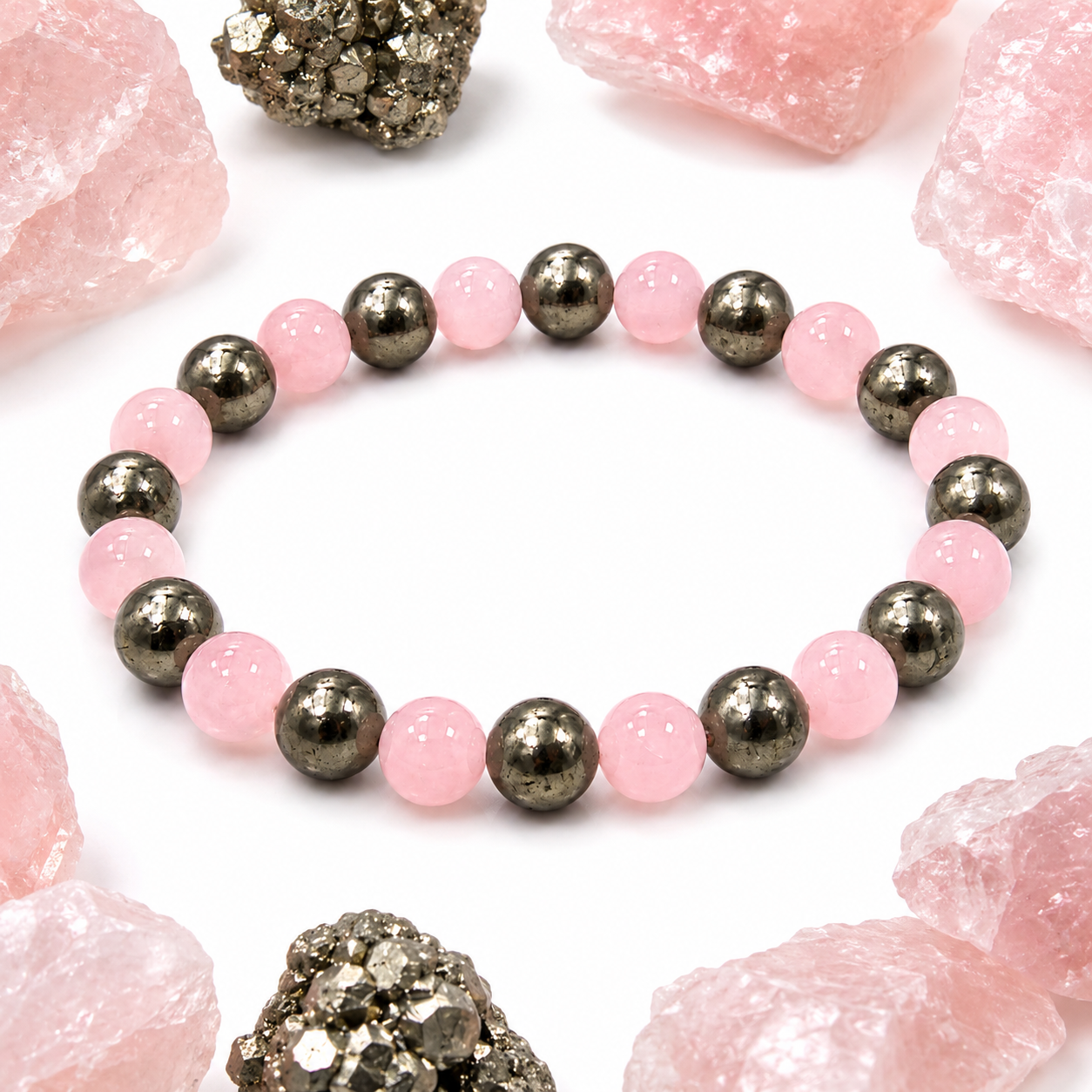 Prosperity & Love Bracelet | Natural Rose Quartz & Pyrite Crystal Bracelet 8mm