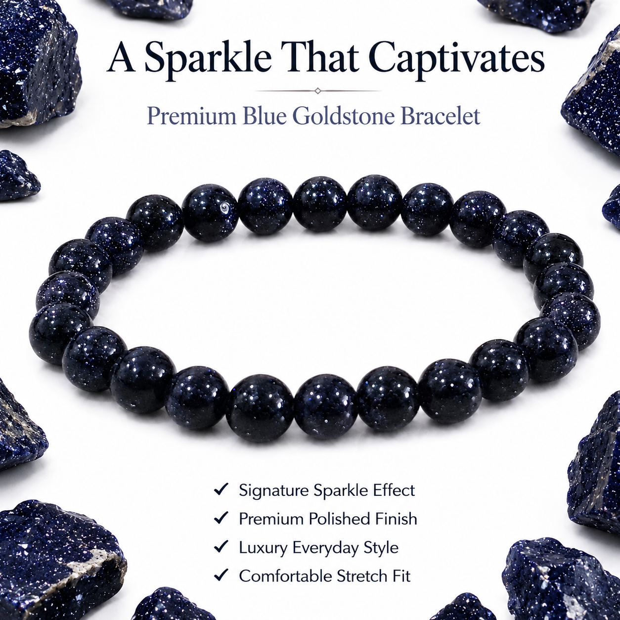 Blue Goldstone Bracelet 8mm | Certified Ambition, Confidence & Positive Energy Crystal Bracelet