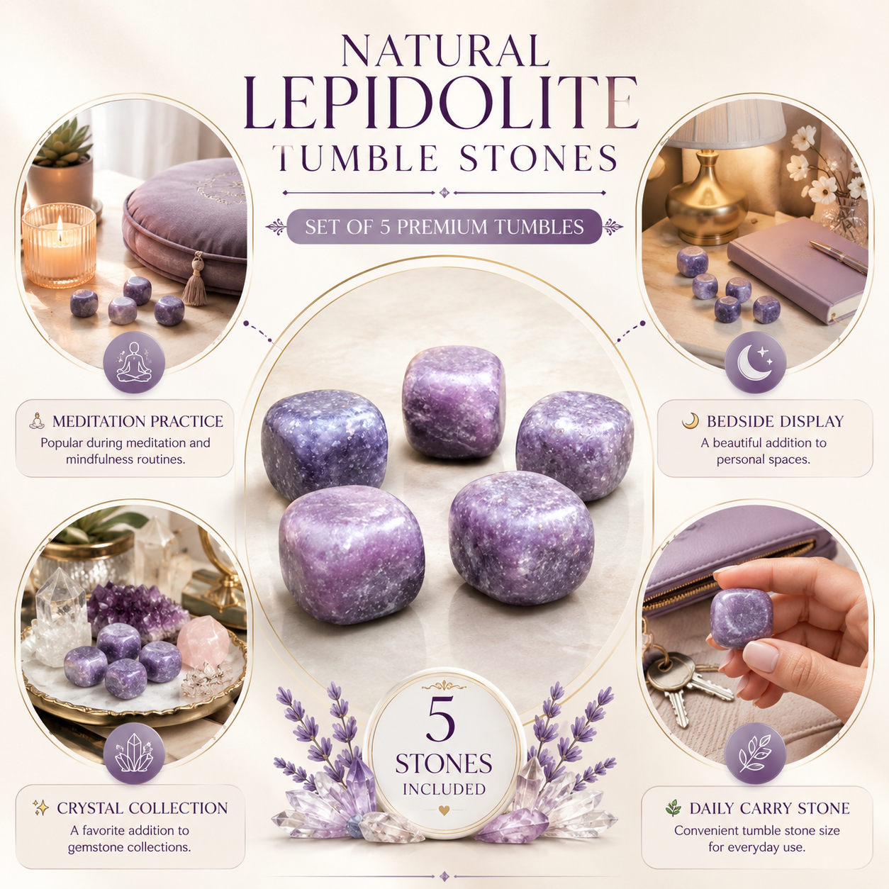 Natural Lepidolite Tumble Stones | Set of 5 Premium Lepidolite Crystal Tumbled Stones | Calmness, Emotional Balance & Meditation Healing Crystals