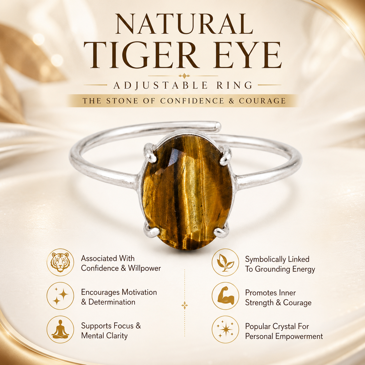 Natural Tiger Eye Adjustable Ring | Handmade Tiger Eye Gemstone Ring | Healing Crystal Jewelry