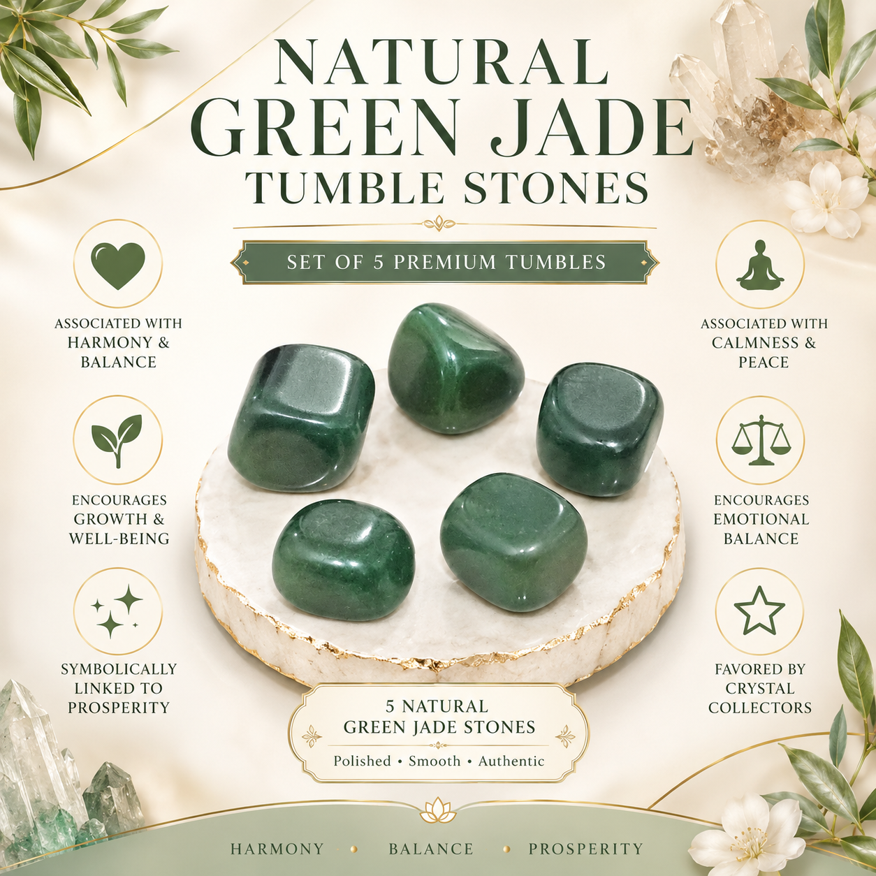Natural Green Jade Tumble Stones | Set of 5 Premium Green Jade Crystal Tumbled Stones | Prosperity, Harmony & Good Luck Healing Crystals