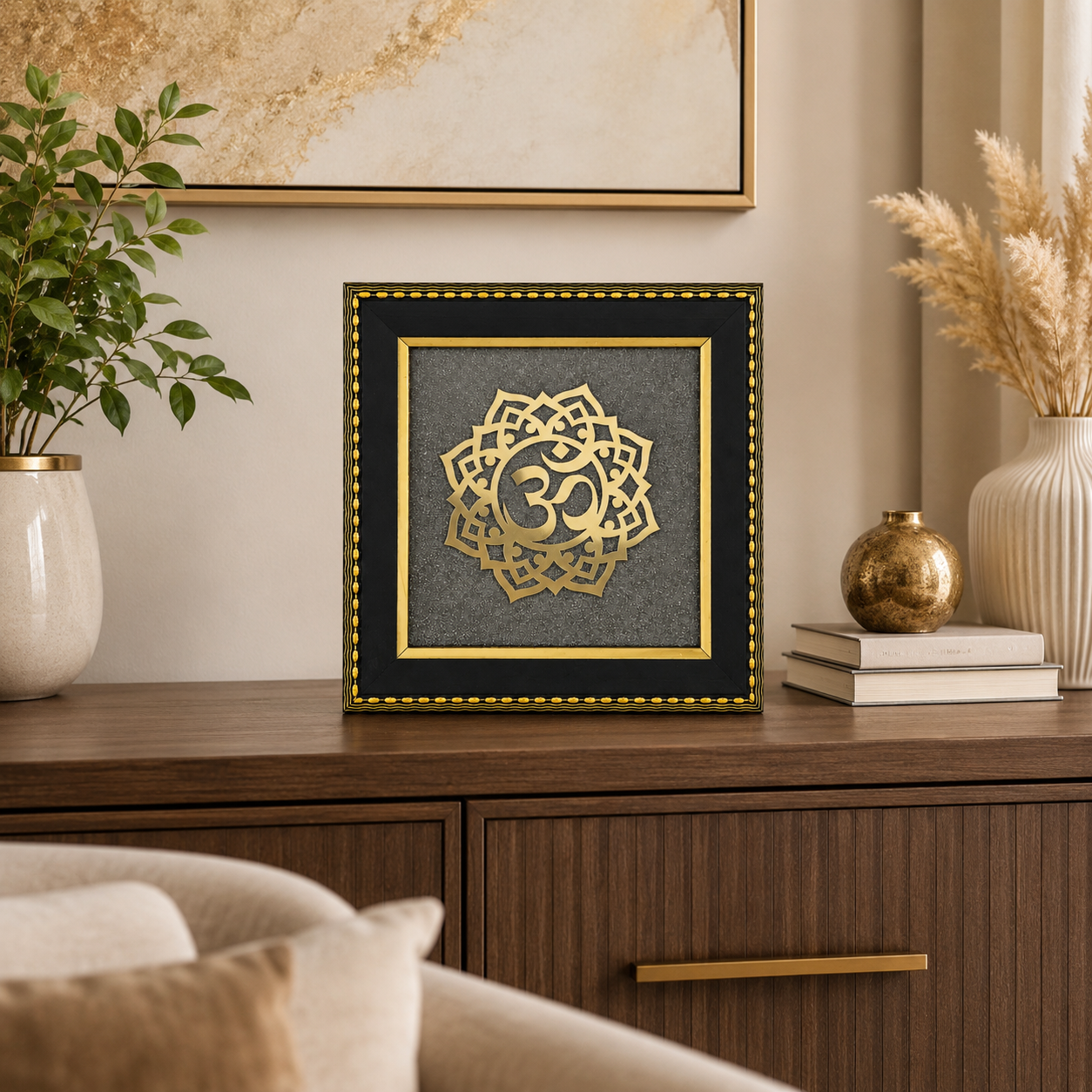 Natural Pyrite Om Mandala Frame | Sacred Om Symbol Wall Décor | Handcrafted Spiritual Decorative Frame for Home & Office