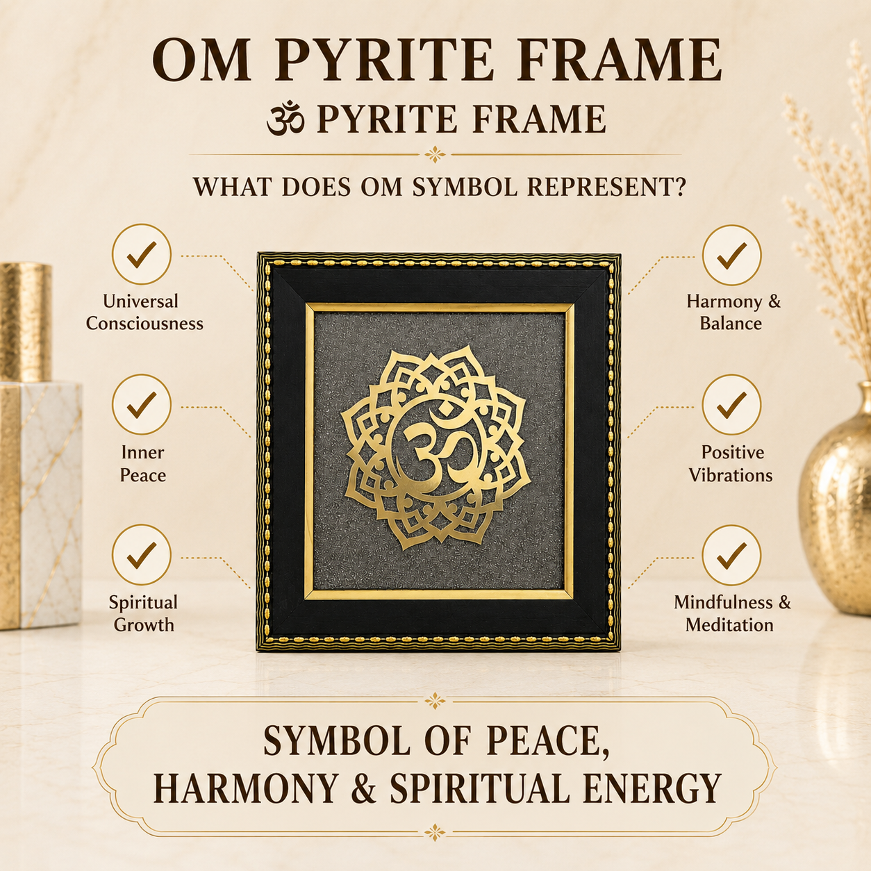 Natural Pyrite Om Mandala Frame | Sacred Om Symbol Wall Décor | Handcrafted Spiritual Decorative Frame for Home & Office