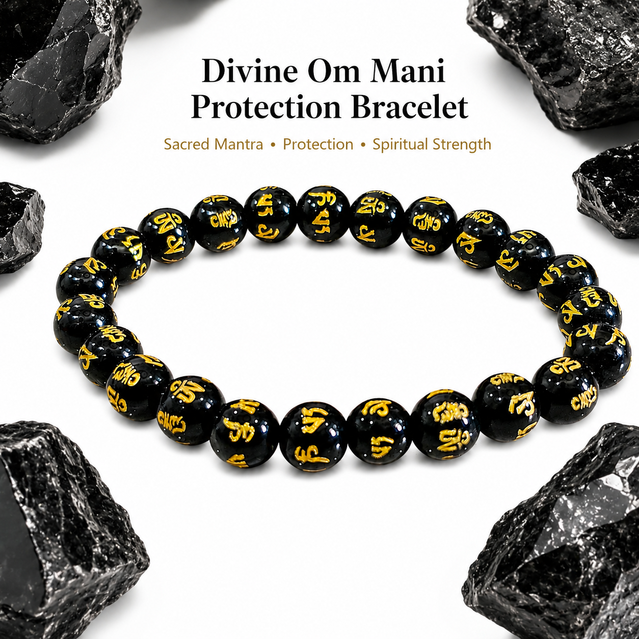 Divine OM Mani Protection Bracelet | Natural Black Obsidian Bracelet with Sacred Om Mani Mantra Beads
