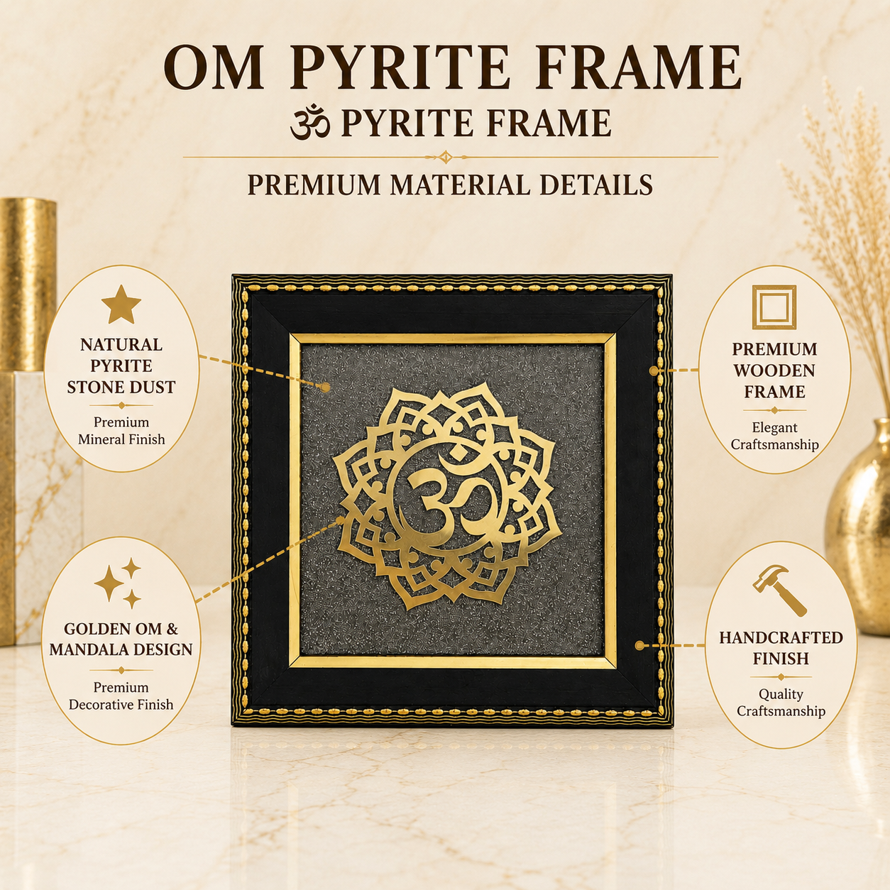Natural Pyrite Om Mandala Frame | Sacred Om Symbol Wall Décor | Handcrafted Spiritual Decorative Frame for Home & Office
