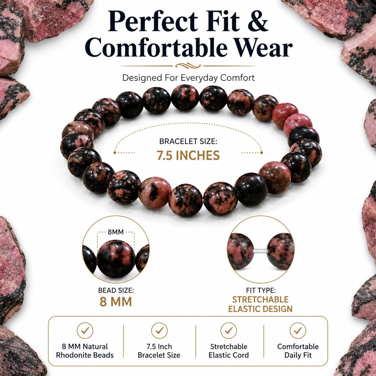 Natural Rhodonite Bracelet 8mm