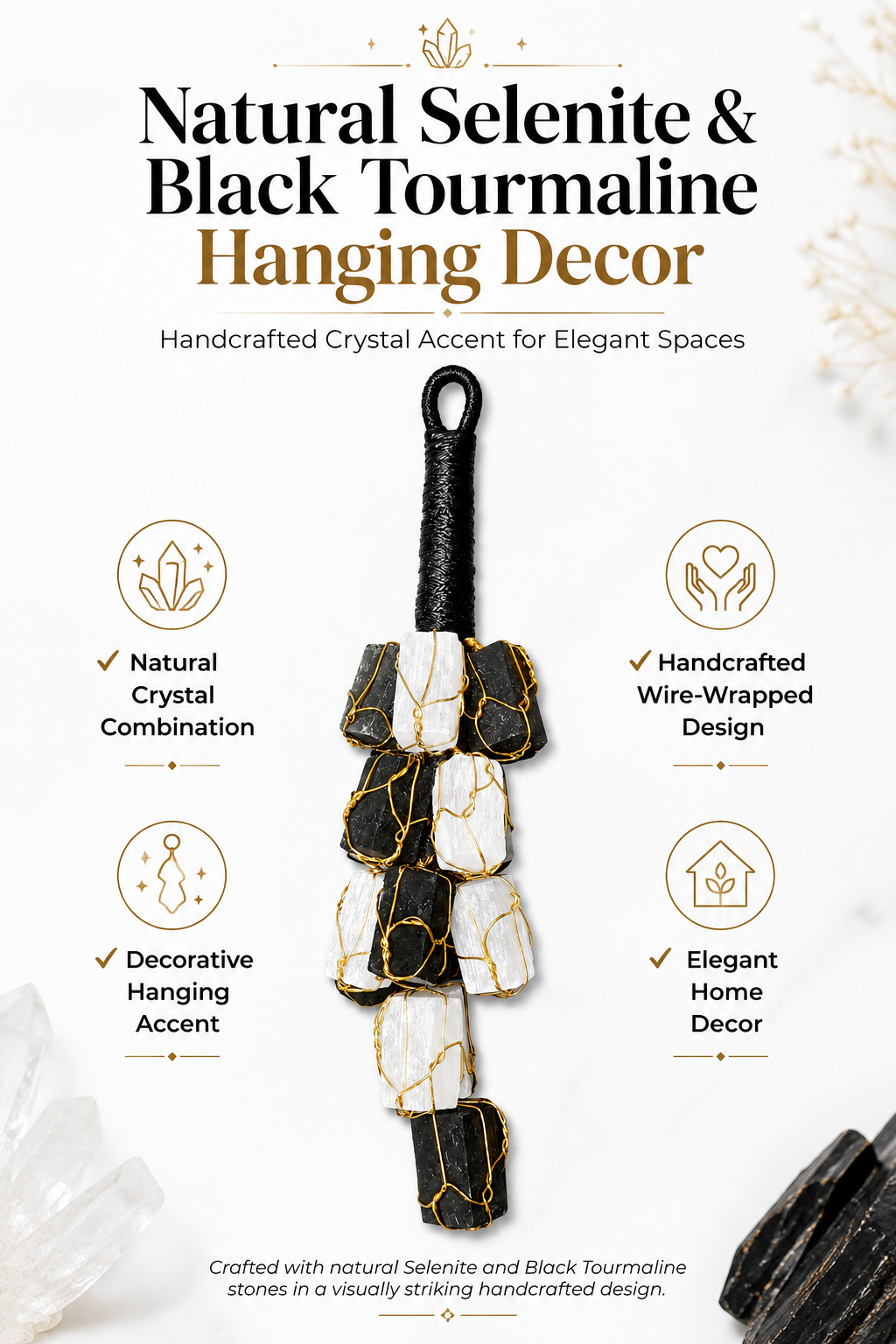 Selenite & Black Tourmaline Hanging Decor | Natural Crystal Protection Hanging | 15 Stones | Home & Office Decor
