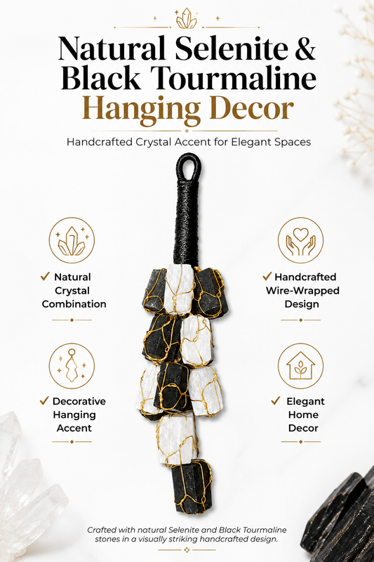 Selenite & Black Tourmaline Hanging Decor | Natural Crystal Protection Hanging | 15 Stones | Home & Office Decor