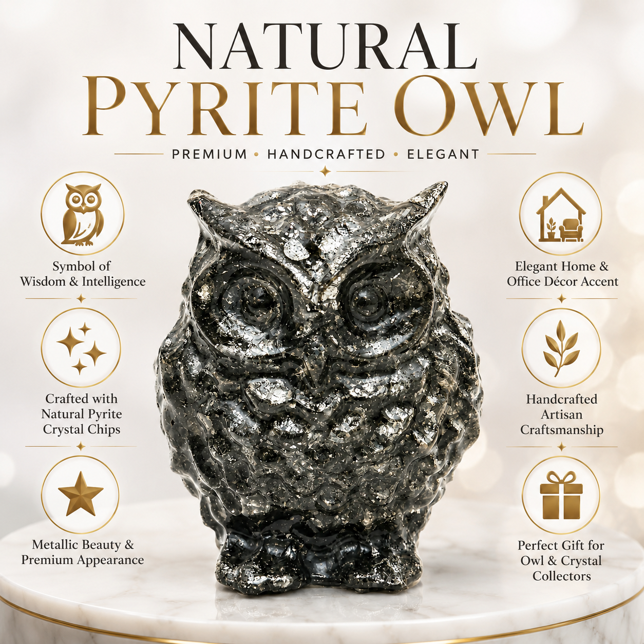 Natural Pyrite Owl – Handcrafted Crystal Owl