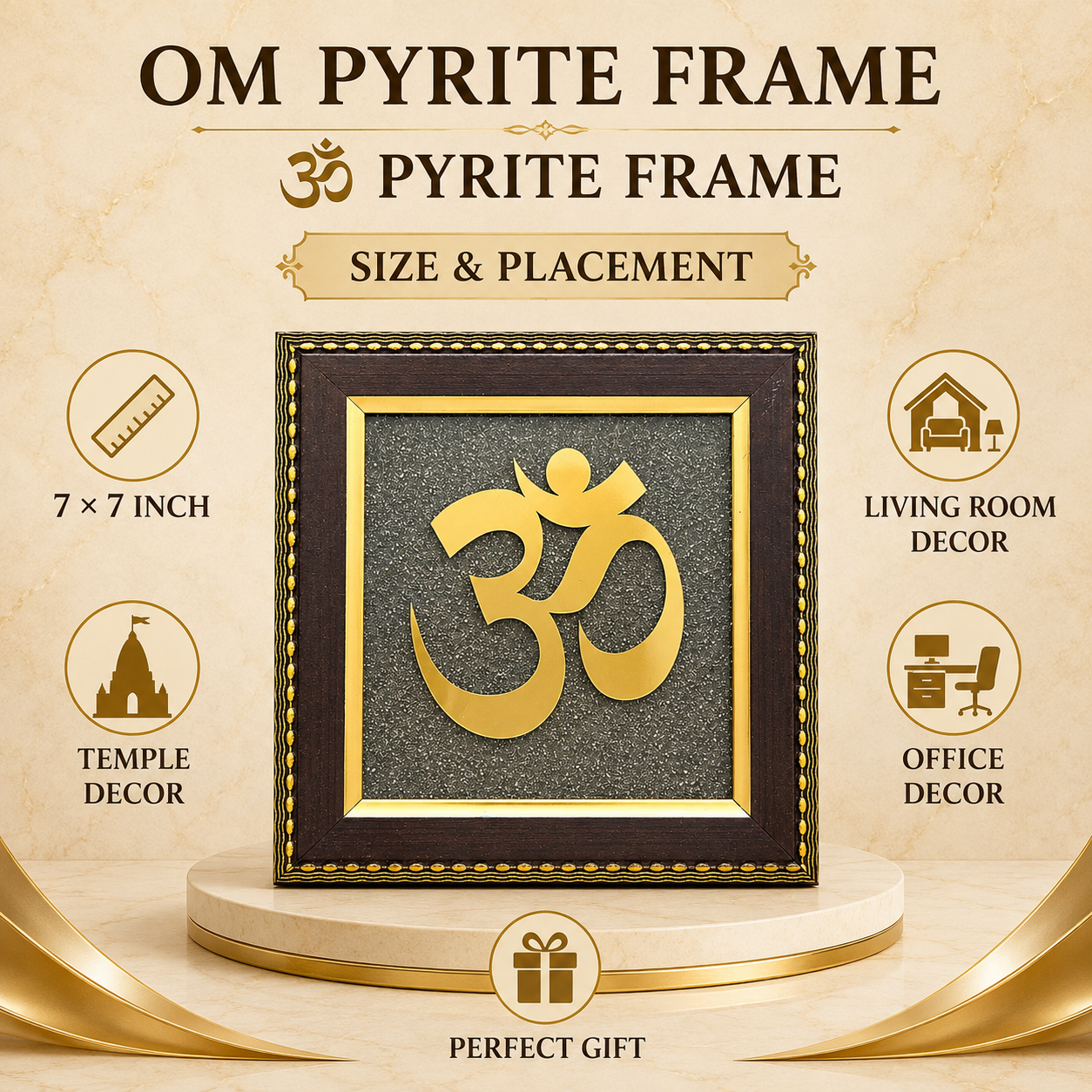 Natural Pyrite Om Frame | Handcrafted Sacred Om Symbol Wall Décor | Spiritual & Positive Energy Frame