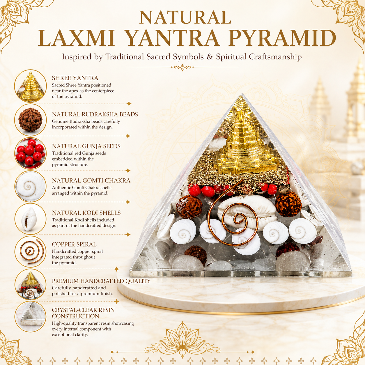 Natural Shree Laxmi Yantra Orgonite Pyramid with Gomti Chakra & Rudraksha