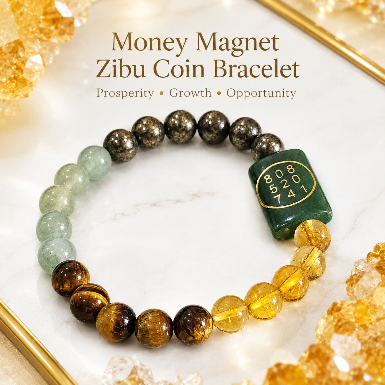 Money Magnet Zibu Coin Bracelet – Citrine, Green Aventurine, Tiger Eye & Pyrite Wealth Bracelet