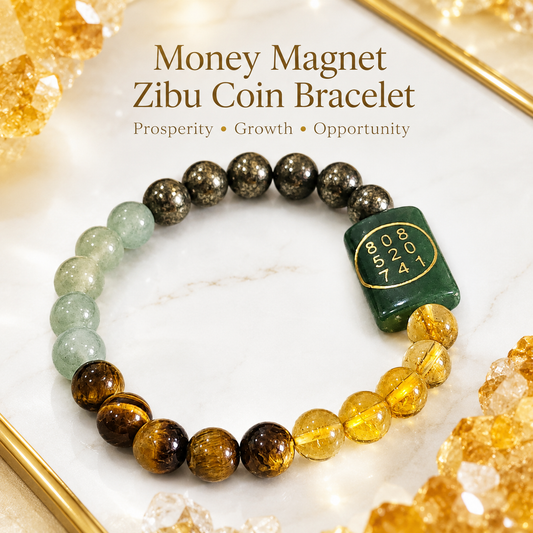 Money Magnet Zibu Coin Bracelet – Citrine, Green Aventurine, Tiger Eye & Pyrite Wealth Bracelet