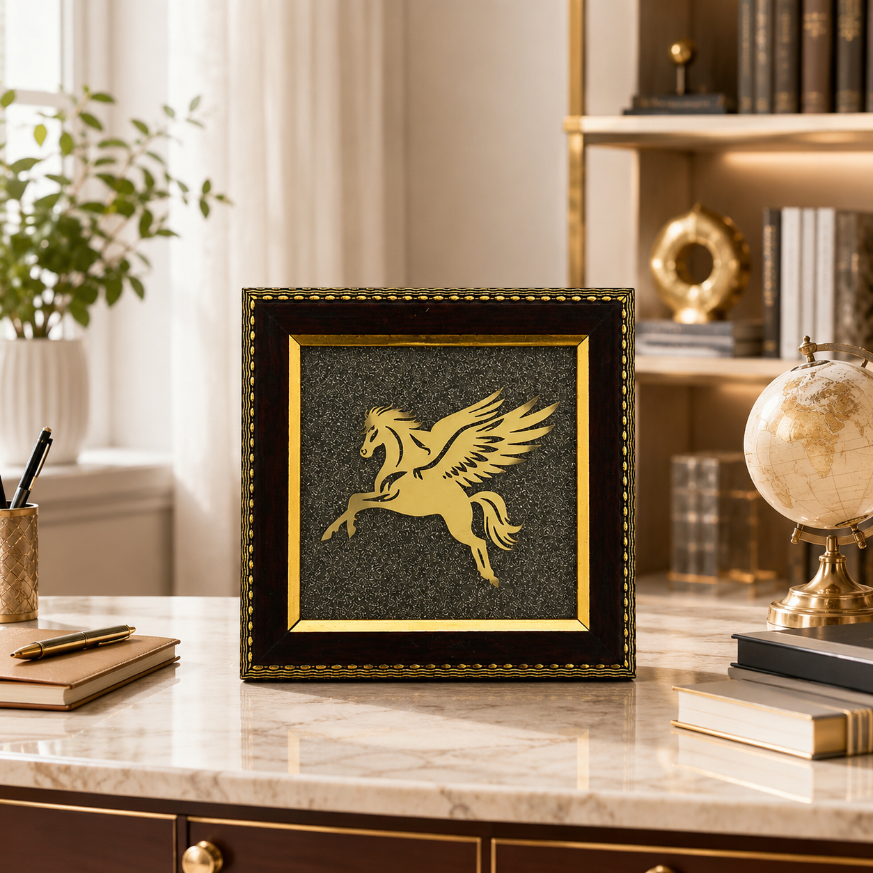 Natural Pyrite Flying Horse Frame | Pegasus Symbol Wall Décor | Handcrafted Decorative Frame for Home & Office
