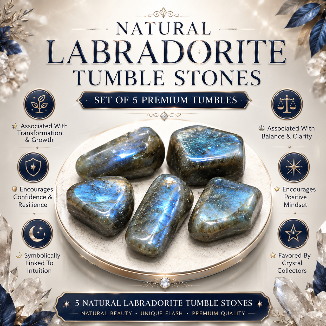 Natural Labradorite Tumble Stones | Set of 5 Premium Polished Labradorite Crystals | Intuition, Transformation & Protection Stones