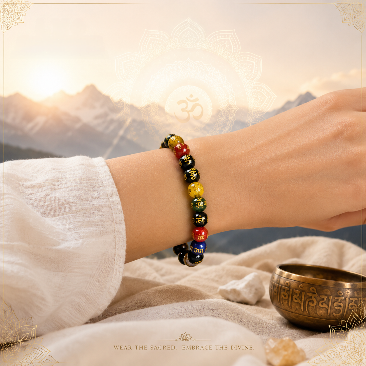 Divine Multi OM Mani Bracelet – Sacred OM Mani Padme Hum Mantra Bracelet for Spiritual Protection, Meditation, Mindfulness & Positive Energy | 8mm Multi-Stone Beads | Lab Certified