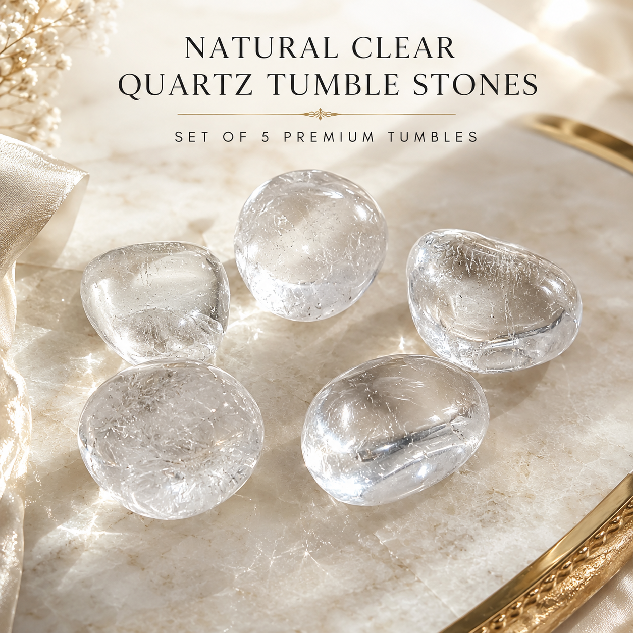 Natural Clear Quartz Tumble Stones | Set of 5 Premium Clear Quartz Crystal Tumbled Stones | Clarity & Energy Amplification Healing Crystals