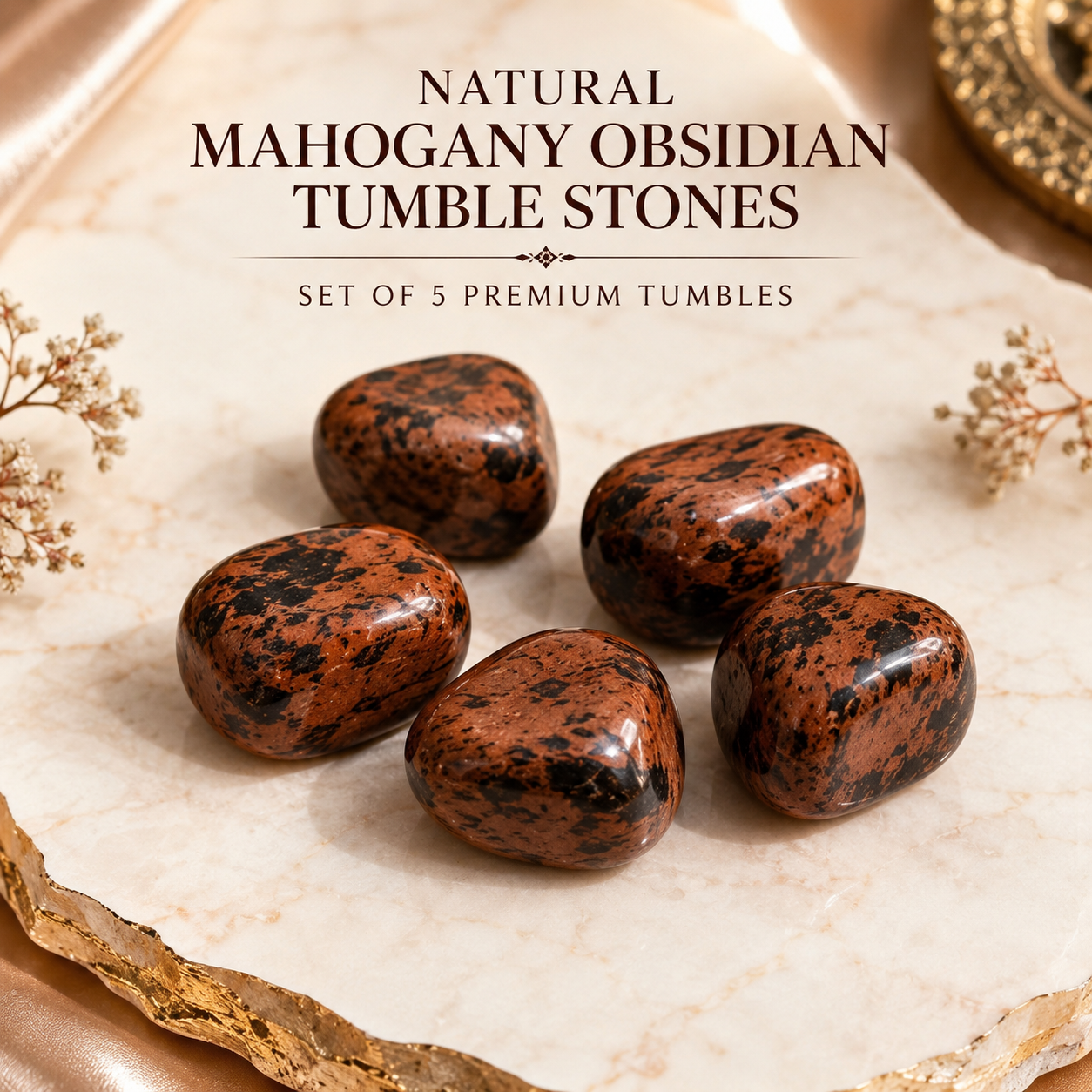 Natural Mahogany Obsidian Tumble Stones | Set of 5 Premium Polished Mahogany Obsidian Crystals | Grounding, Strength & Protection Stones