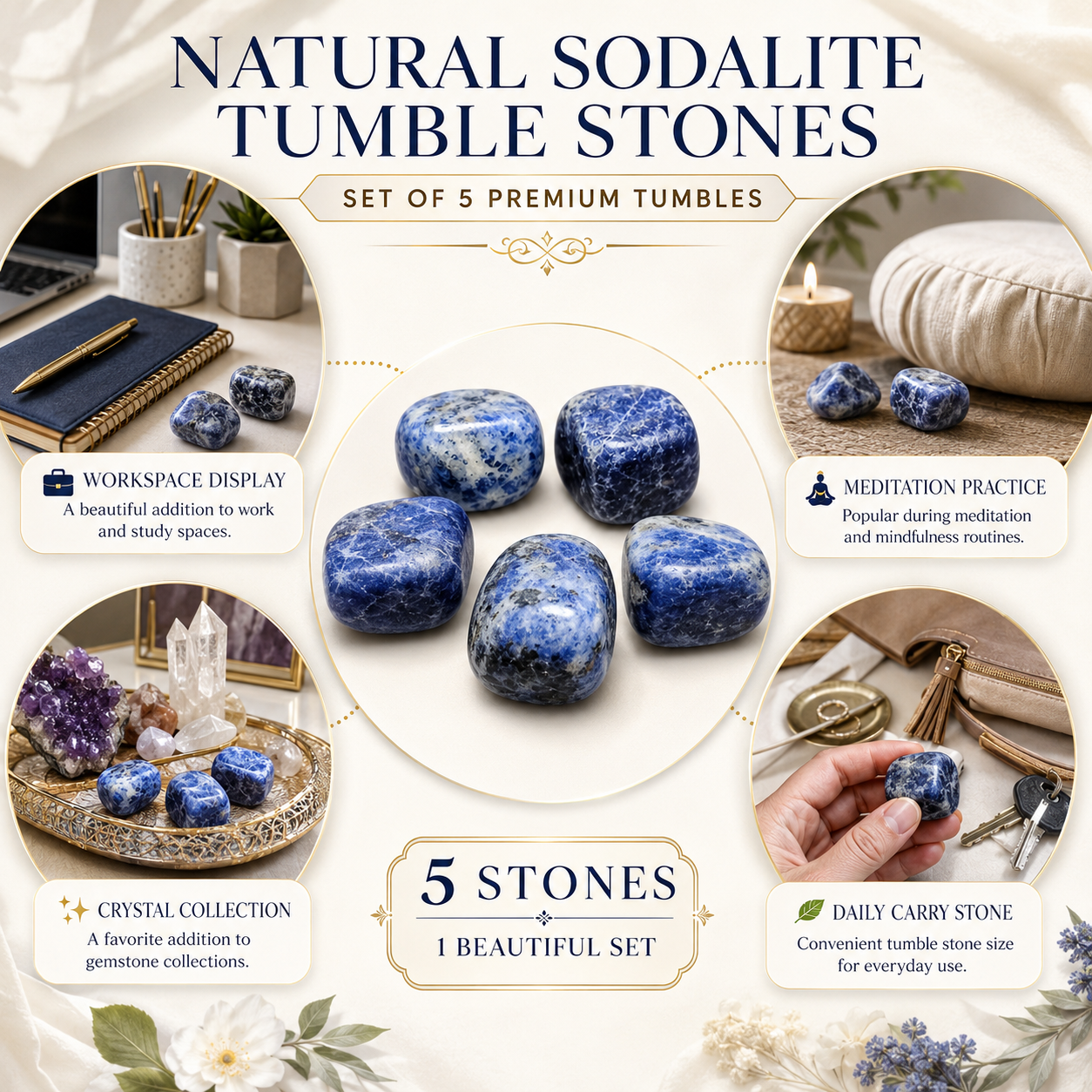 Natural Sodalite Tumble Stones | Set of 5 Premium Sodalite Crystal Tumbled Stones | Communication, Intuition & Inner Peace Healing Crystals