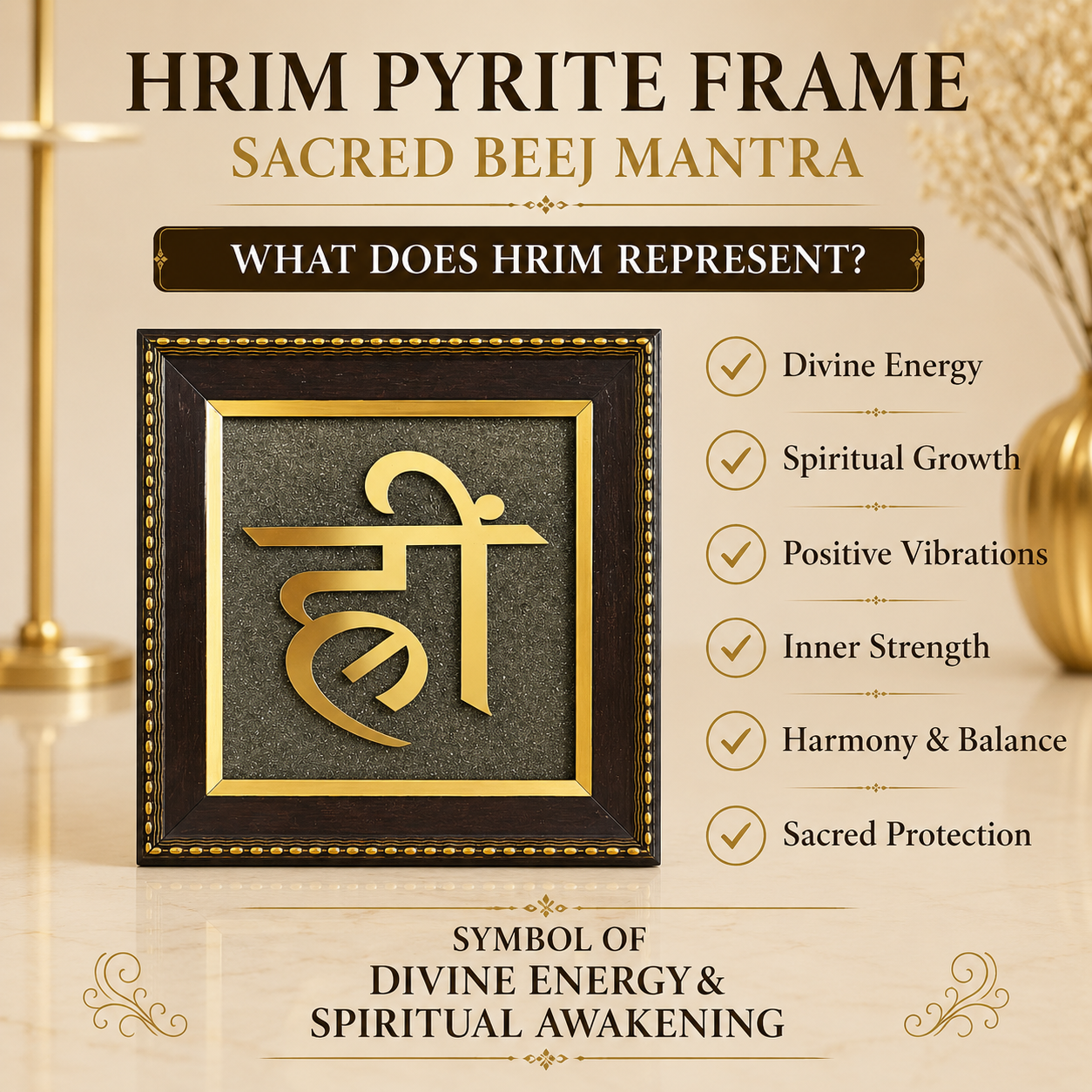 Natural Pyrite Hrim Symbol Frame | Sacred Hreem Beej Mantra Wall Décor | Spiritual Decorative Frame for Home, Office & Meditation Space