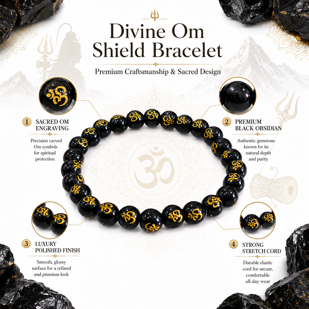 Divine OM Shield Bracelet | Natural Black Obsidian Protection Bracelet with Golden OM Mantra Beads