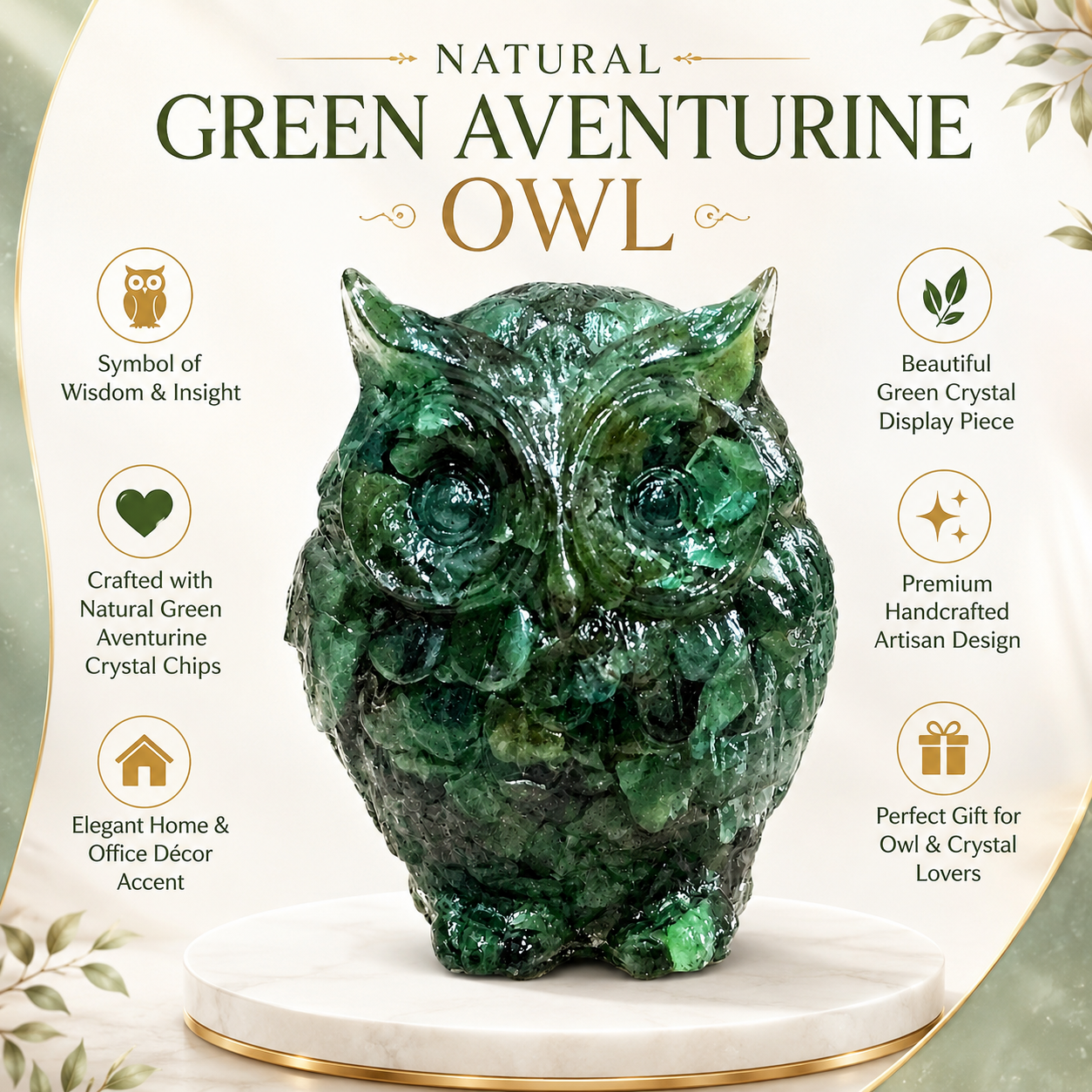 Natural Green Aventurine Owl – Handcrafted Crystal Owl