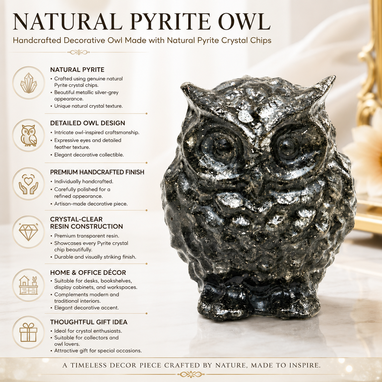 Natural Pyrite Owl – Handcrafted Crystal Owl