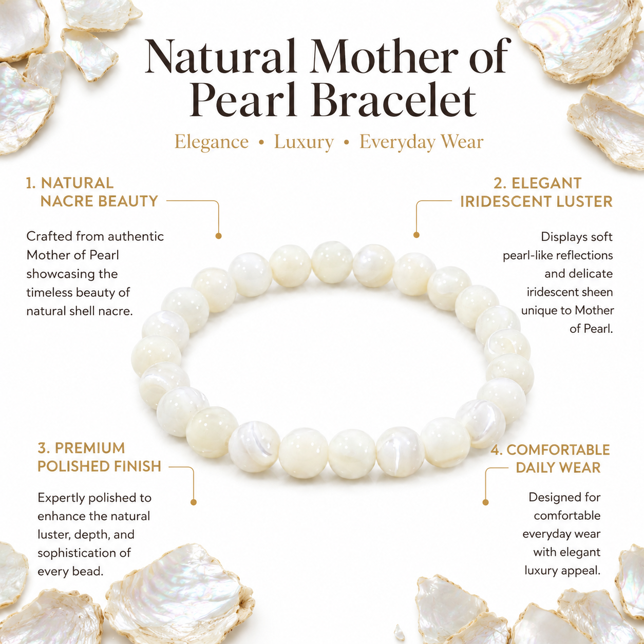 Natural Mother of Pearl Bracelet 8mm | Certified Calmness, Wisdom & Harmony Gemstone Bracelet