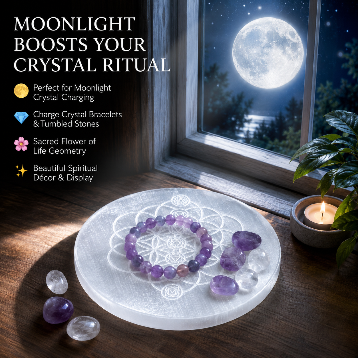 Flower of Life Selenite Charging Plate – Natural Crystal Cleansing & Charging Plate