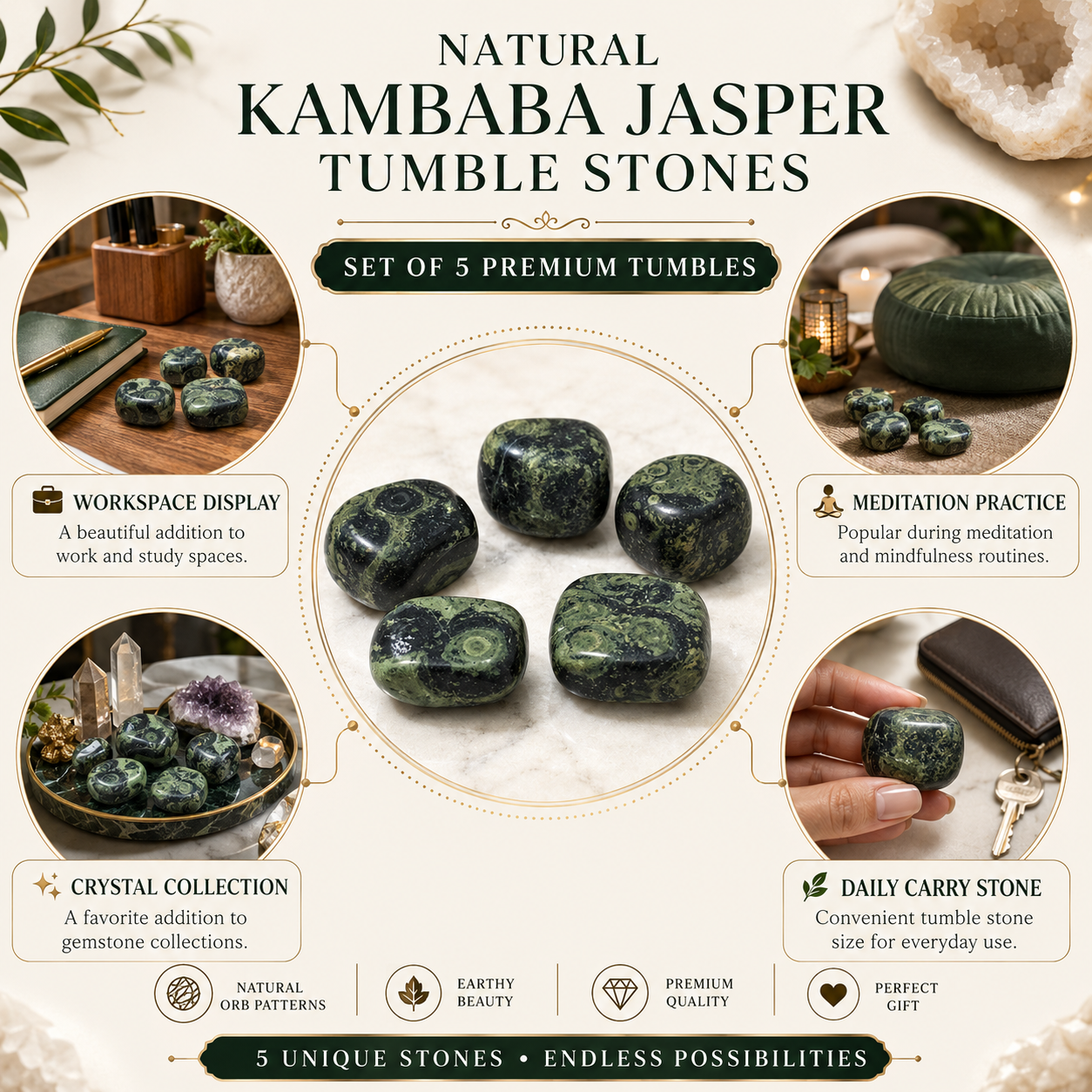 Natural Kambaba Jasper Tumble Stones | Set of 5 Premium Polished Kambaba Jasper Crystals | Grounding, Peace & Emotional Balance Stones