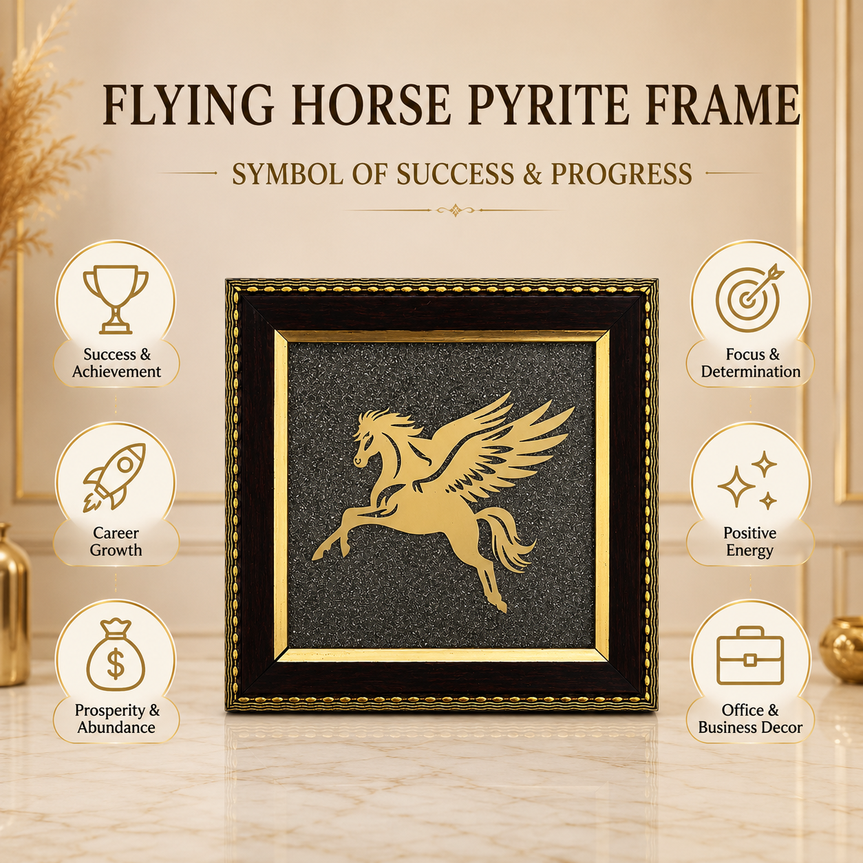Natural Pyrite Flying Horse Frame | Pegasus Symbol Wall Décor | Handcrafted Decorative Frame for Home & Office