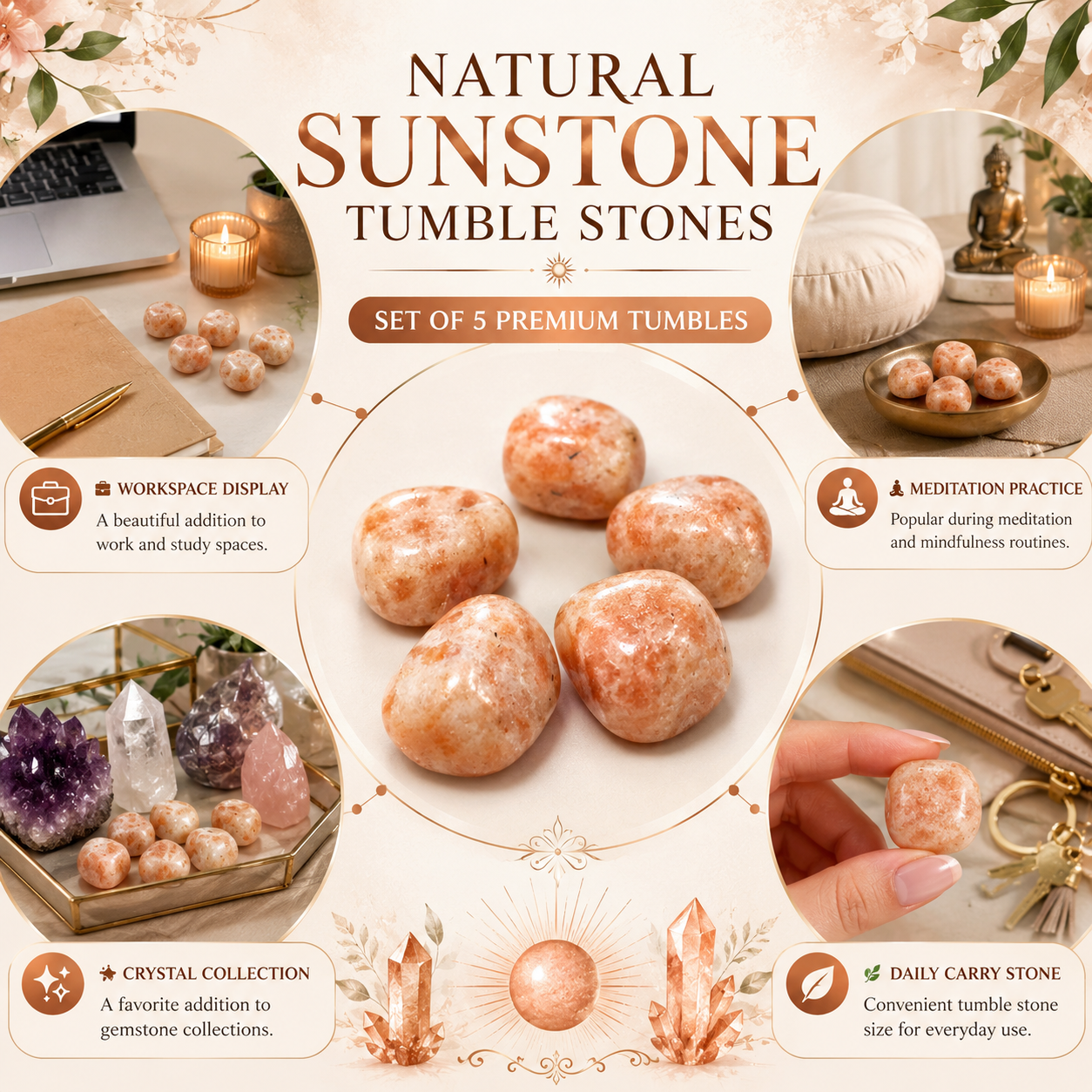 Natural Sunstone Tumble Stones | Set of 5 Premium Sunstone Crystal Tumbled Stones | Positivity, Confidence & Joy Healing Crystals