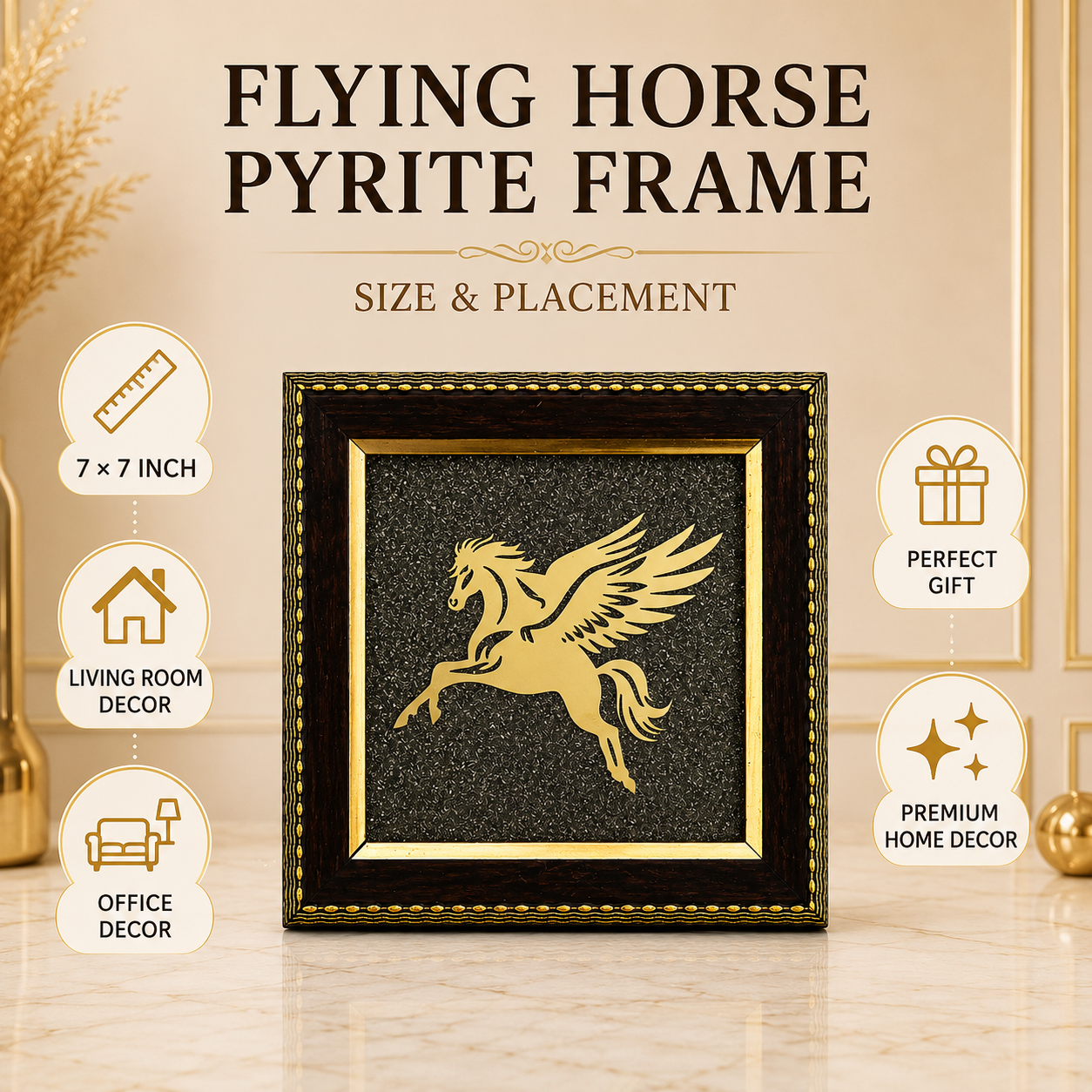 Natural Pyrite Flying Horse Frame | Pegasus Symbol Wall Décor | Handcrafted Decorative Frame for Home & Office