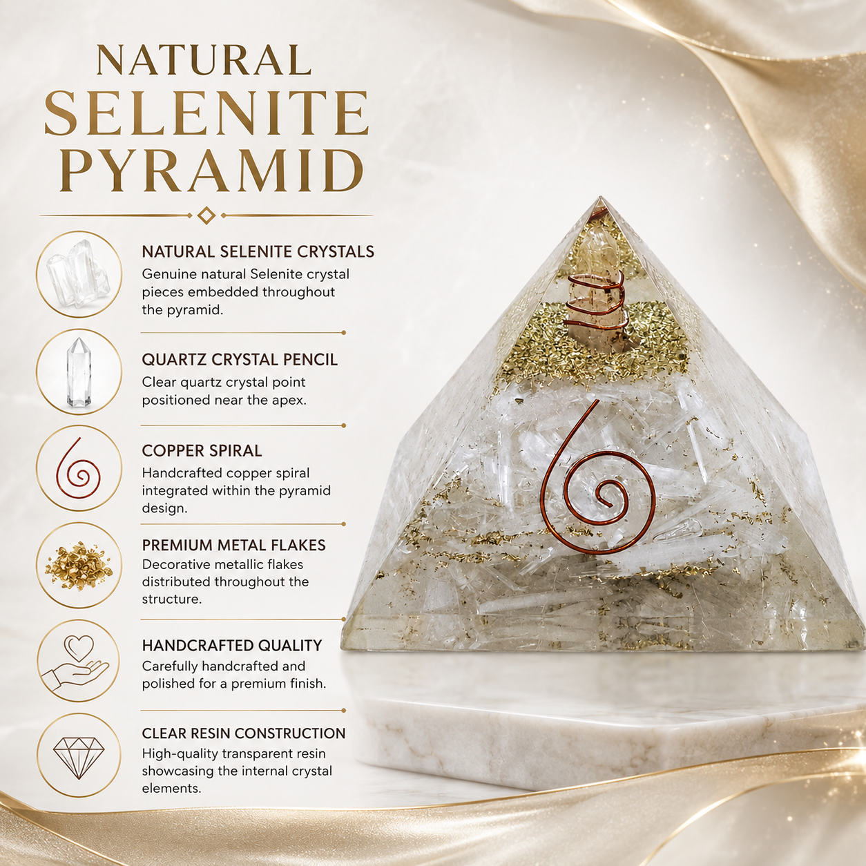 Natural Selenite Orgonite Pyramid