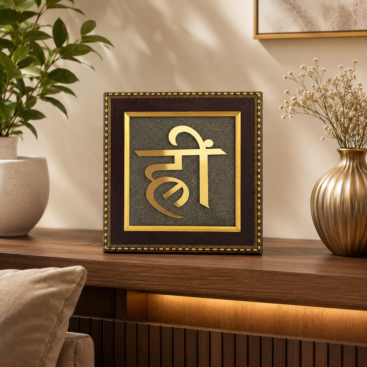 Natural Pyrite Hrim Symbol Frame | Sacred Hreem Beej Mantra Wall Décor | Spiritual Decorative Frame for Home, Office & Meditation Space