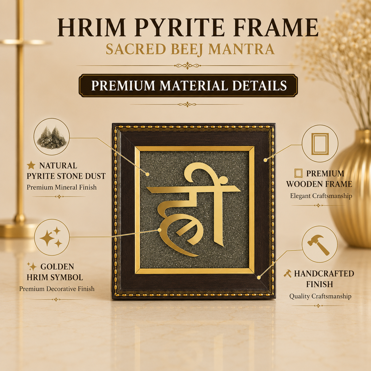 Natural Pyrite Hrim Symbol Frame | Sacred Hreem Beej Mantra Wall Décor | Spiritual Decorative Frame for Home, Office & Meditation Space
