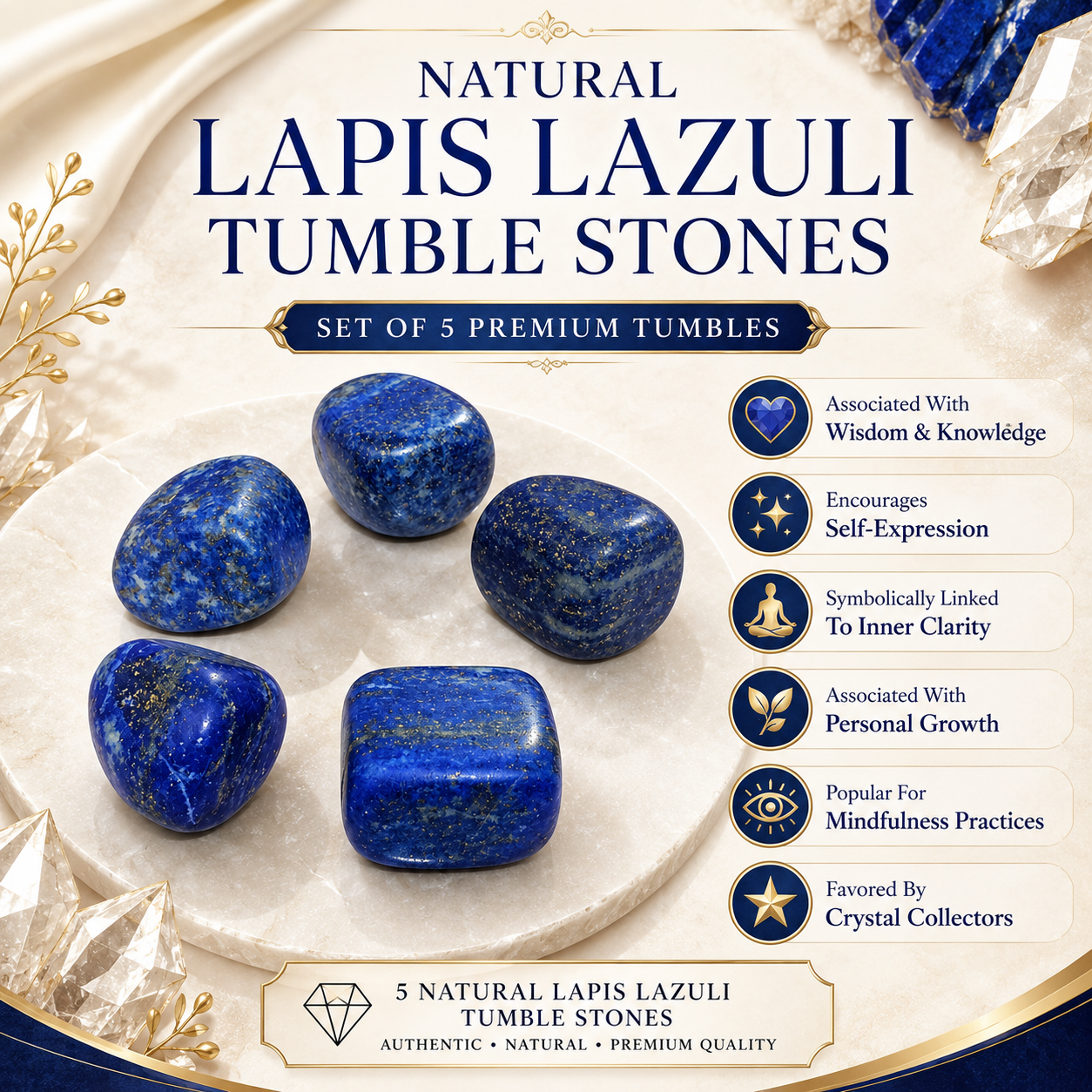 Natural Lapis Lazuli Tumble Stones | Set of 5 Premium Lapis Lazuli Crystal Tumbled Stones | Wisdom & Communication Healing Crystals