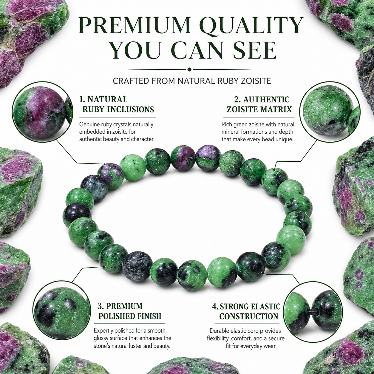 Natural Ruby Zoisite Bracelet 8mm | Certified Gemstone Bracelet