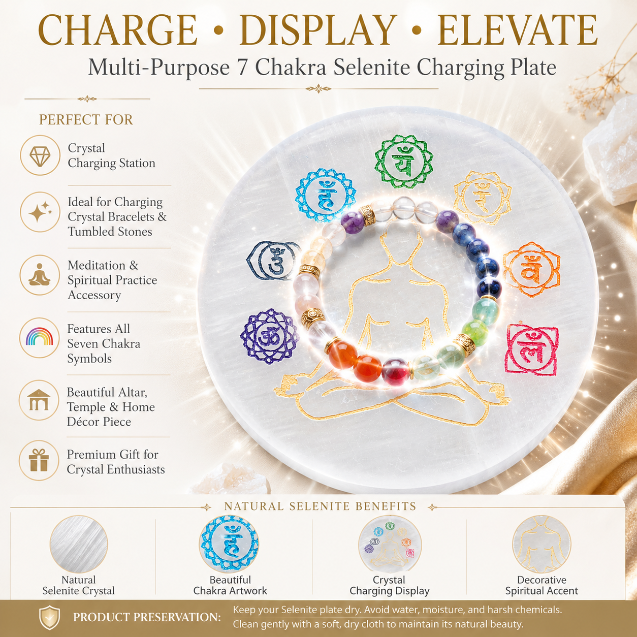 7 Chakra Selenite Charging Plate – Natural Crystal Charging & Cleansing Plate