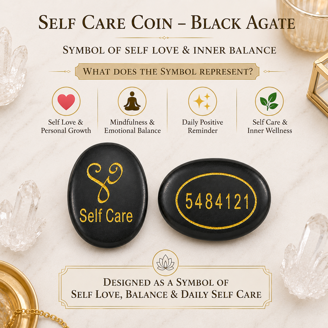 Natural Black Agate Self Care Coin | Engraved Self Love Pocket Stone | Inner Balance Crystal Coin
