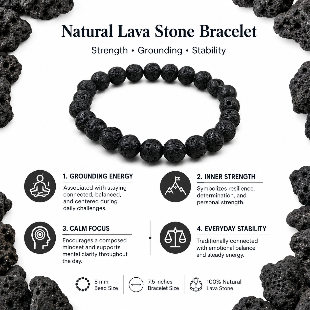 Natural Lava Stone Bracelet 8mm