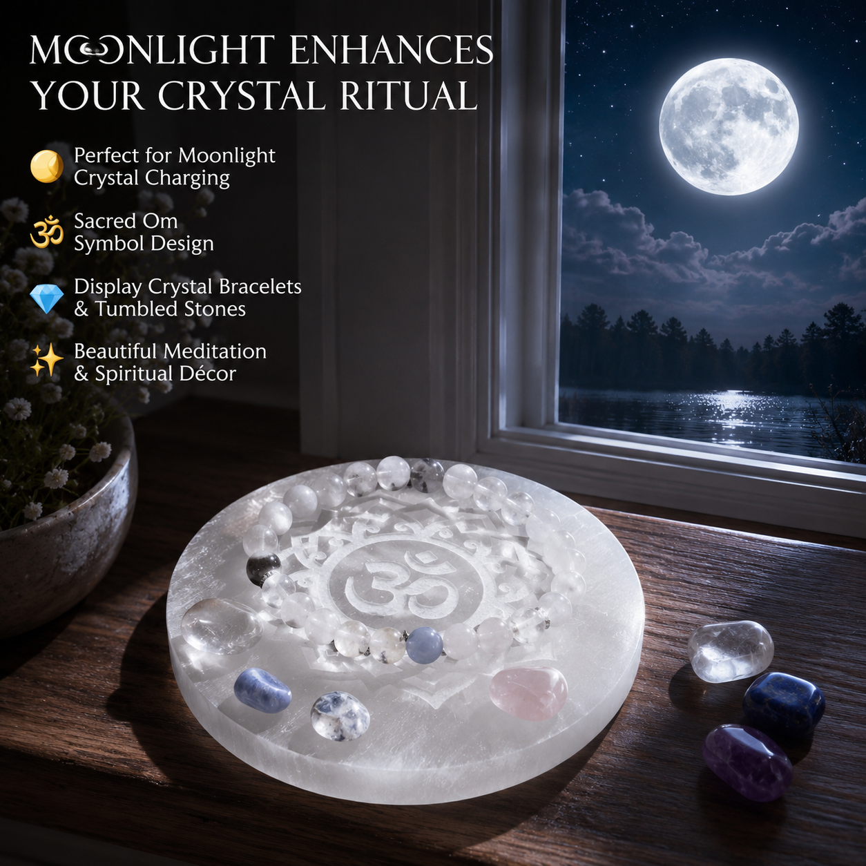 Om Selenite Charging Plate – Natural Crystal Cleansing & Charging Plate