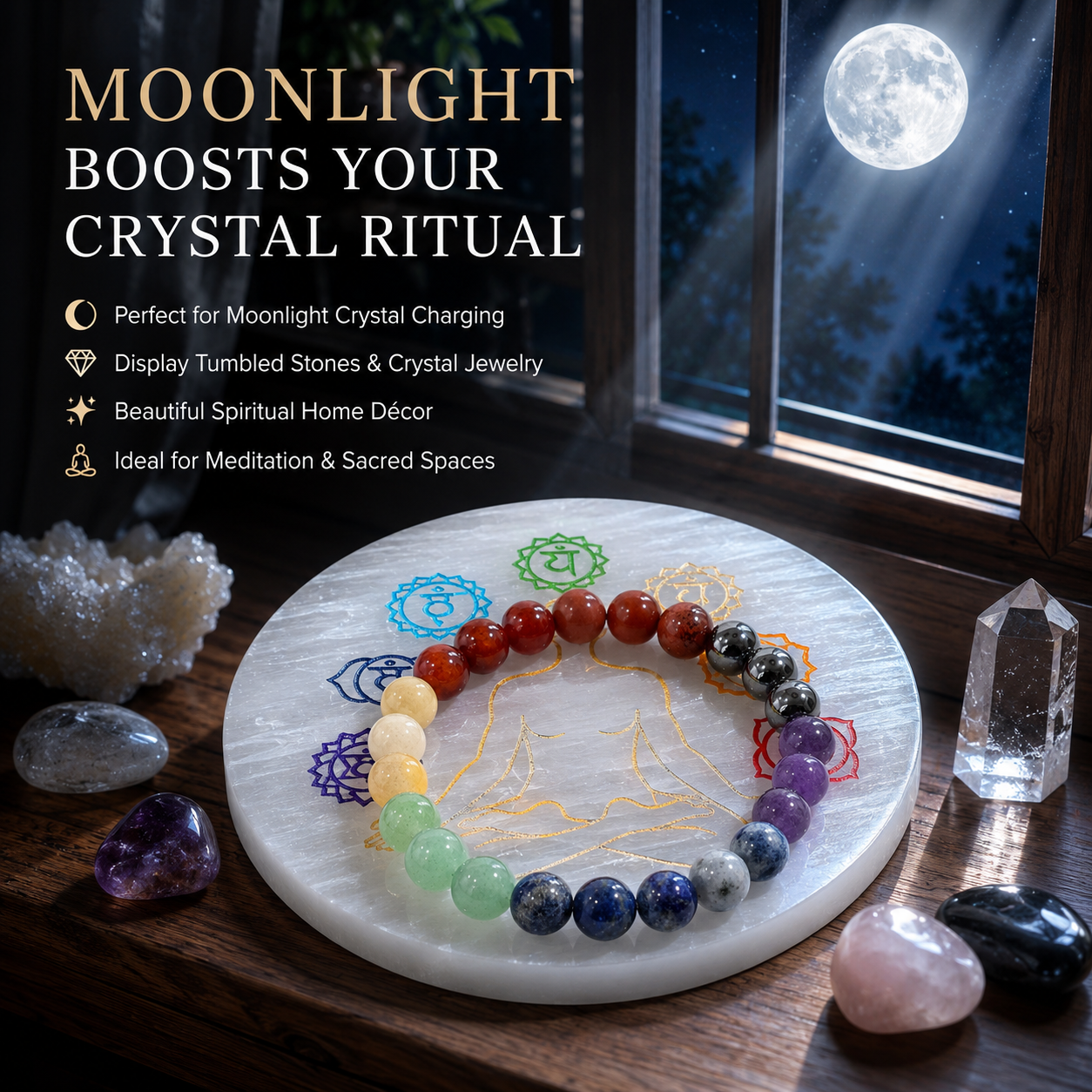7 Chakra Selenite Charging Plate – Natural Crystal Charging & Cleansing Plate