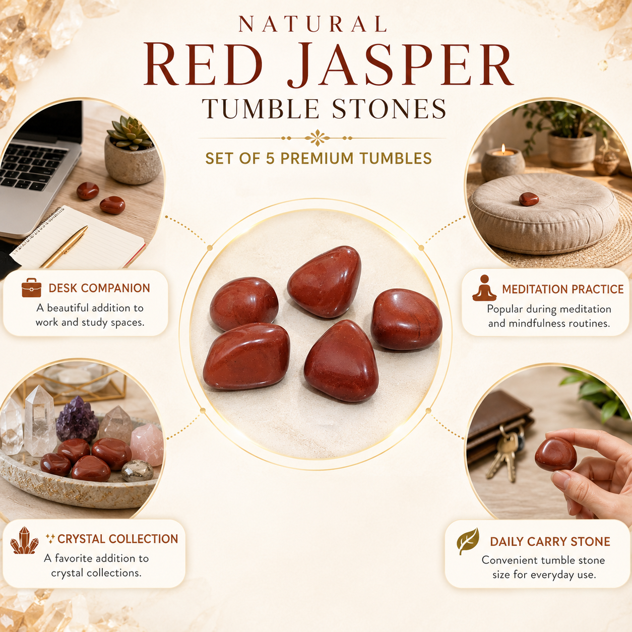 Natural Red Jasper Tumble Stones | Set of 5 Premium Red Jasper Crystal Tumbled Stones | Healing Crystal for Strength & Grounding